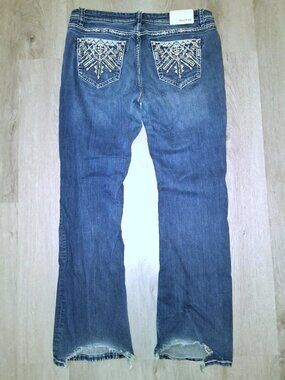 Grace in LA Bootcut Jeans Size 34 Rhinestone Bling Studded Distressed Denim